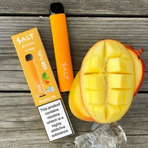 A slice of mango with an orange mango ice vape pod